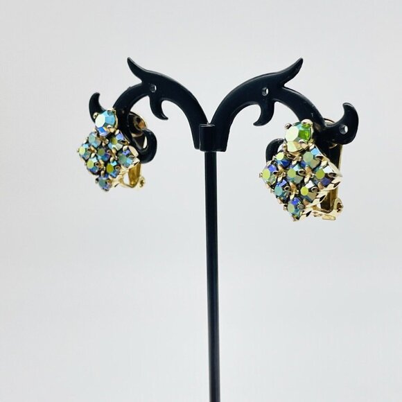 Vintage Square Aurora Borealis Earrings Gold Tone Clip On Glam Bling Sparkle - Picture 5 of 9